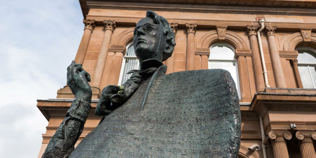 W.B. Yeats statue, created by sculptor Rowan Gillespie, outside the Ulster Bank in Sligo, Ireland