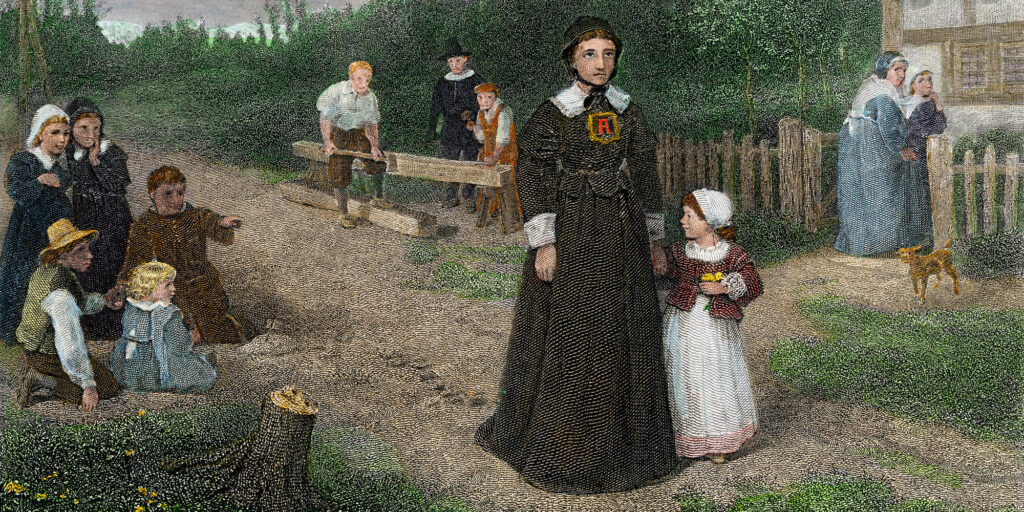 Hester Prynne and her daughter Pearl from Hawthorne's The Scarlet Letter. Hand-colored halftone of an illustration