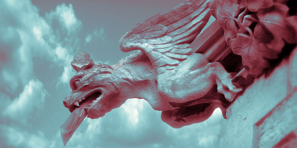 a gargoyle guarding the church of st margaret bodelwyddan conwy north wales. Image shot 2008. Exact date unknown.