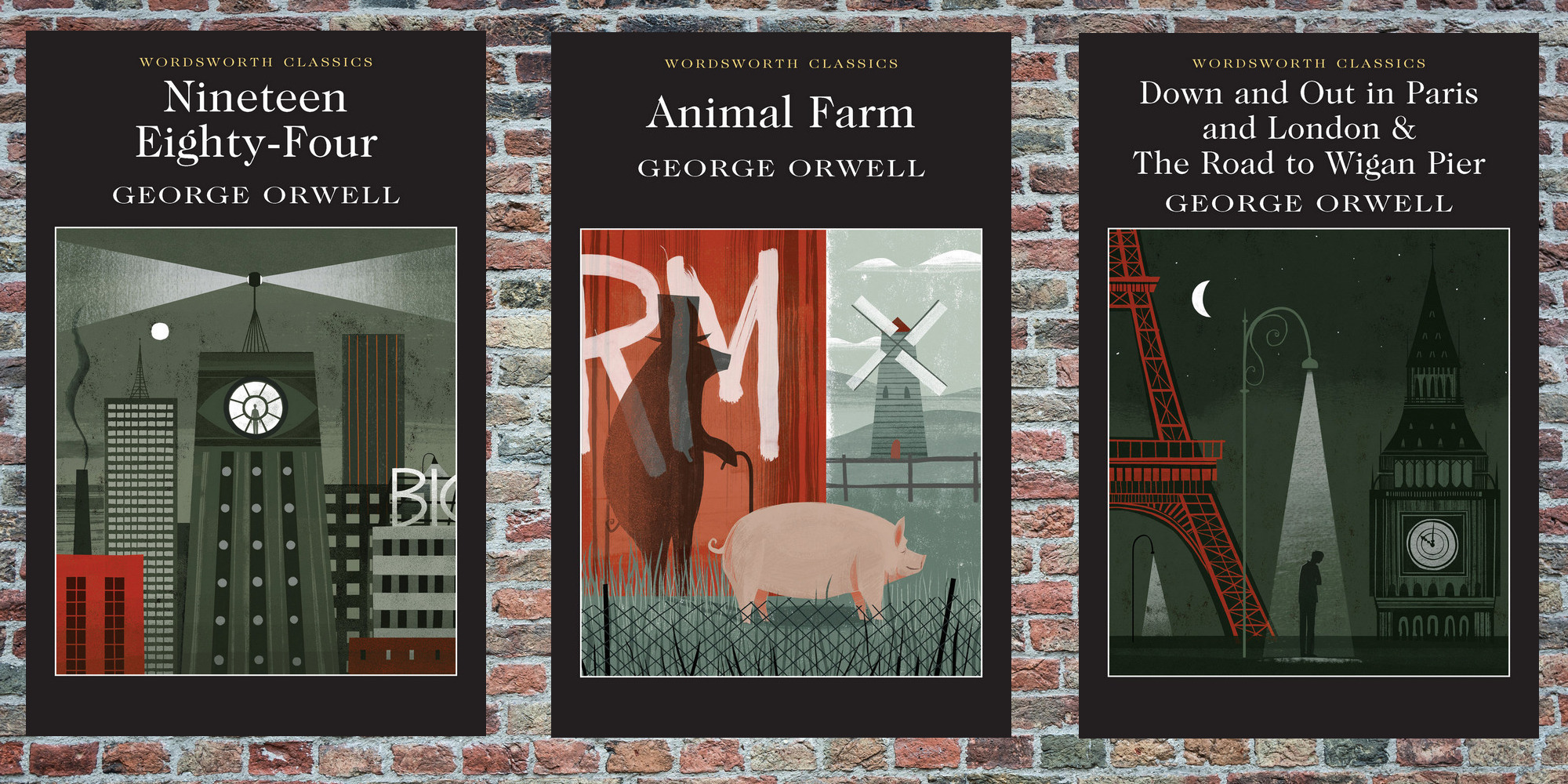 Front covers of Wordsworth Classics George Orwell books
