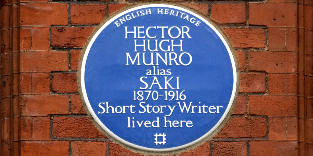 London, England, UK. Commemorative Blue Plaque: Hector Hugh Munro, alias Saki (1870-1916) Short story writer, lived here. 97 Mortimer Street, Westm...