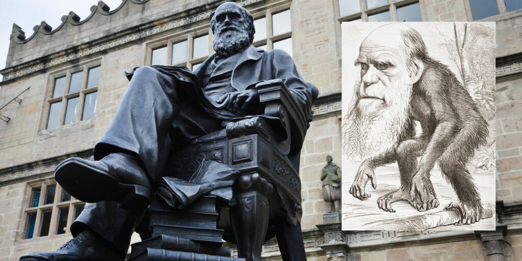 Statue of Charles DArwin & Illustration of Charles Darwins face on a Monkeys body
