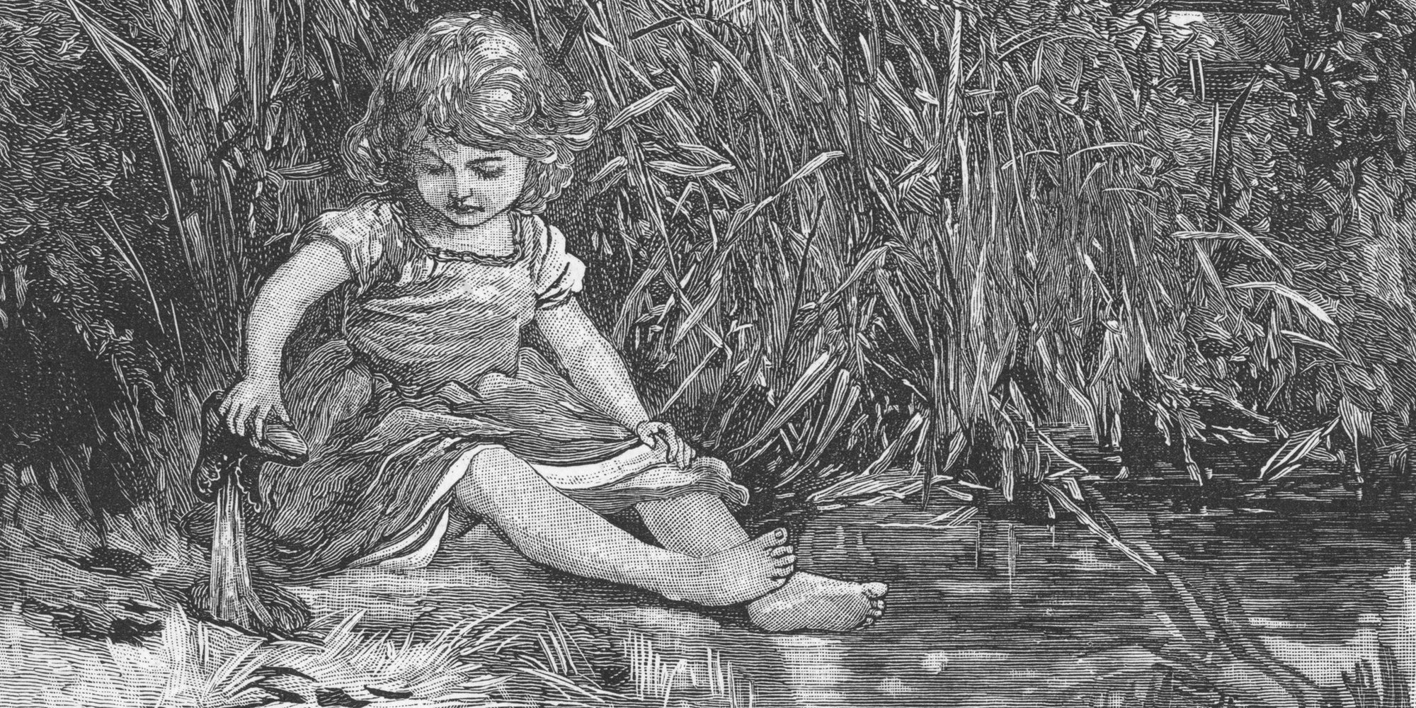 Silas Marner by George Eliot, 1861. Eppie, at the age of three, has slipped out of the house while Silas Marner was busy, and amuses herself by the pond. Illustration by Mary L.Gow (1851-1929) published 1882.
