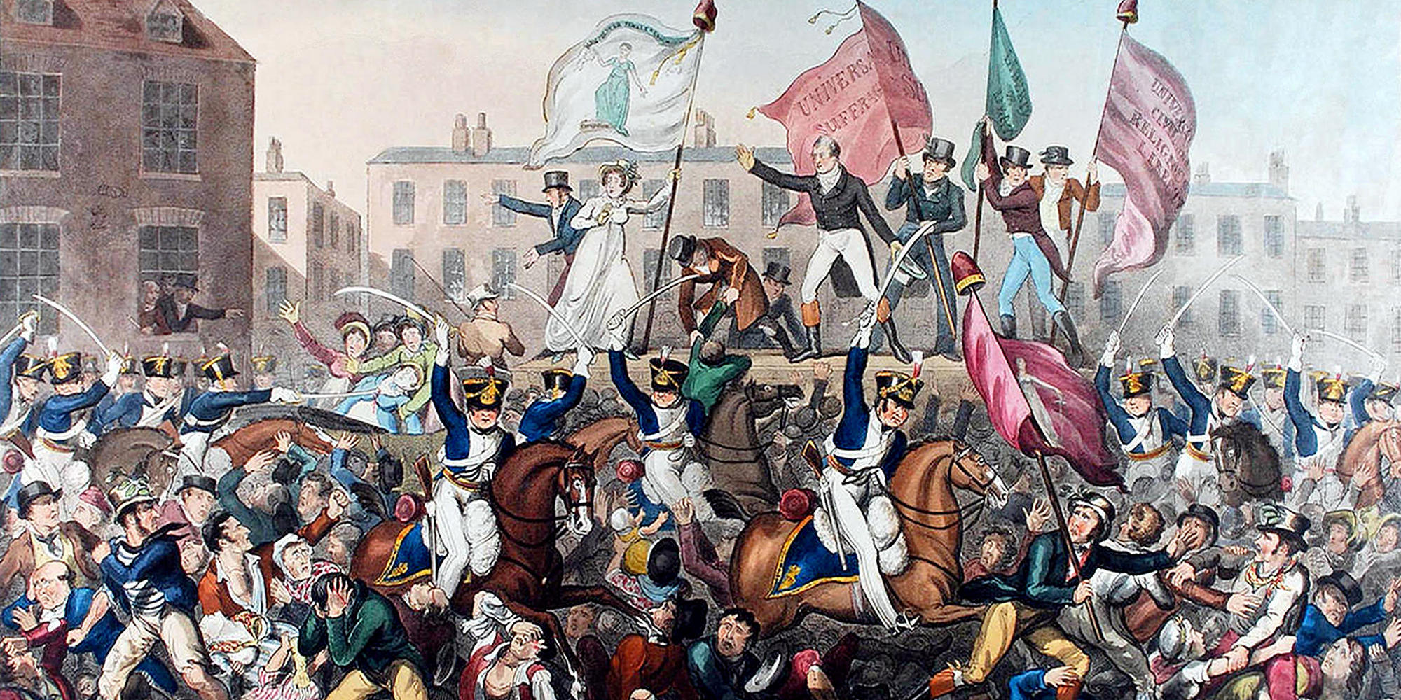 The Peterloo Massacre at St Peter's Field, Manchester, Lancashire, England, 16 August 1819 when cavalry charged into a crowd of 60,000?80,000 who had gathered to demand the reform of parliamentary representation. Image shot 1819. Exact date unknown.