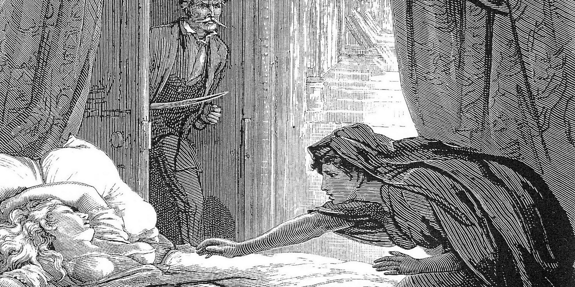 SHERIDAN LE FANU (1814-1873) Irish author of horror fiction and Gothic tales. Engraving from his 1872 Gothic novel "Carmilla" showing the vampire Carmilla attacking the sleeping Bertha Rheinfeldt as the General appears with a knife.