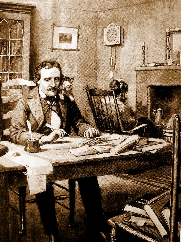 Poe at work in the company of his cat, Catalina, and his wife and proof-reader, Virginia Eliza Clemm.
