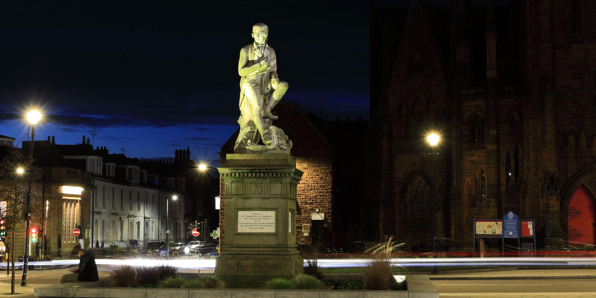 Burns Night. Robert Burns' statue in Dumfries Town Centre,
