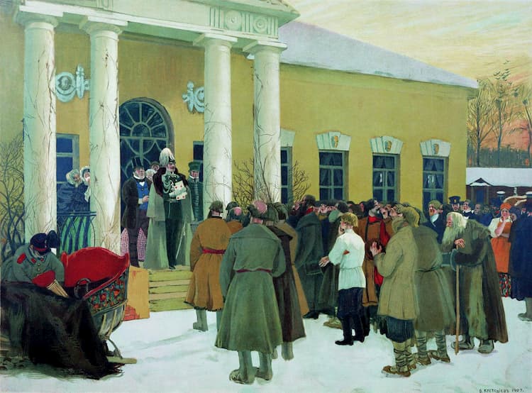 Painting by Boris Kustodiev depicting Russian serfs listening to the proclamation of the Emancipation Manifesto in 1861